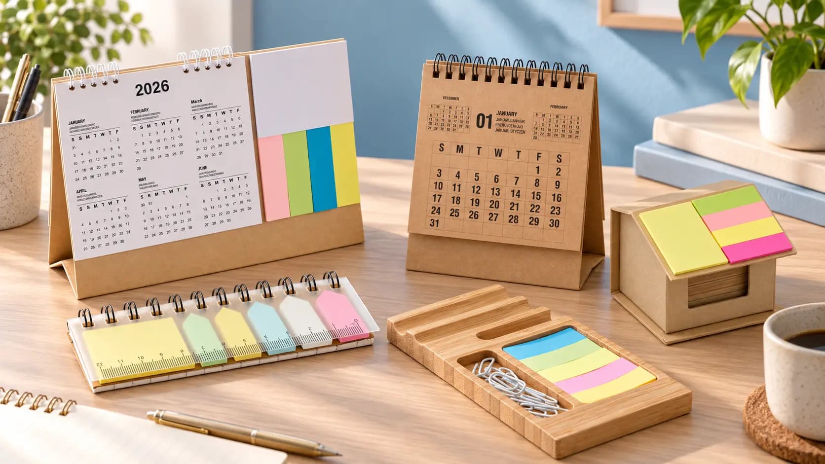 Accessoires de bureau en papier publicitaires personnalisés avec calendriers, blocs-notes et pense-bêtes en kraft