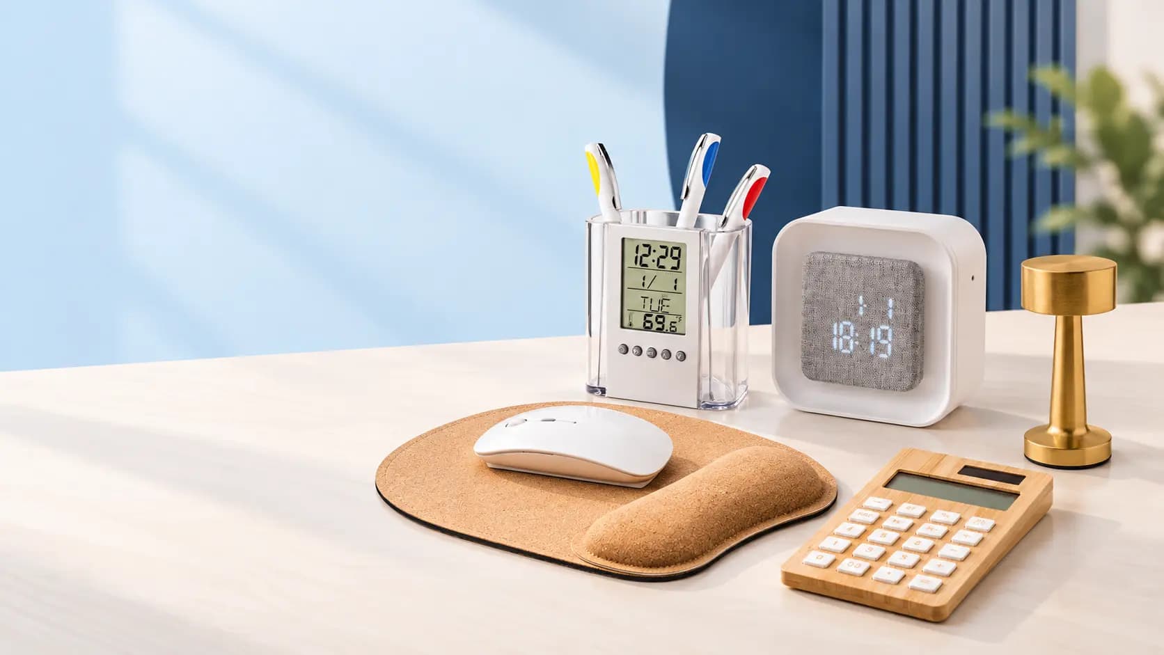 Accessoires de bureau publicitaires personnalisés avec porte-stylos, horloge, souris et calculatrice