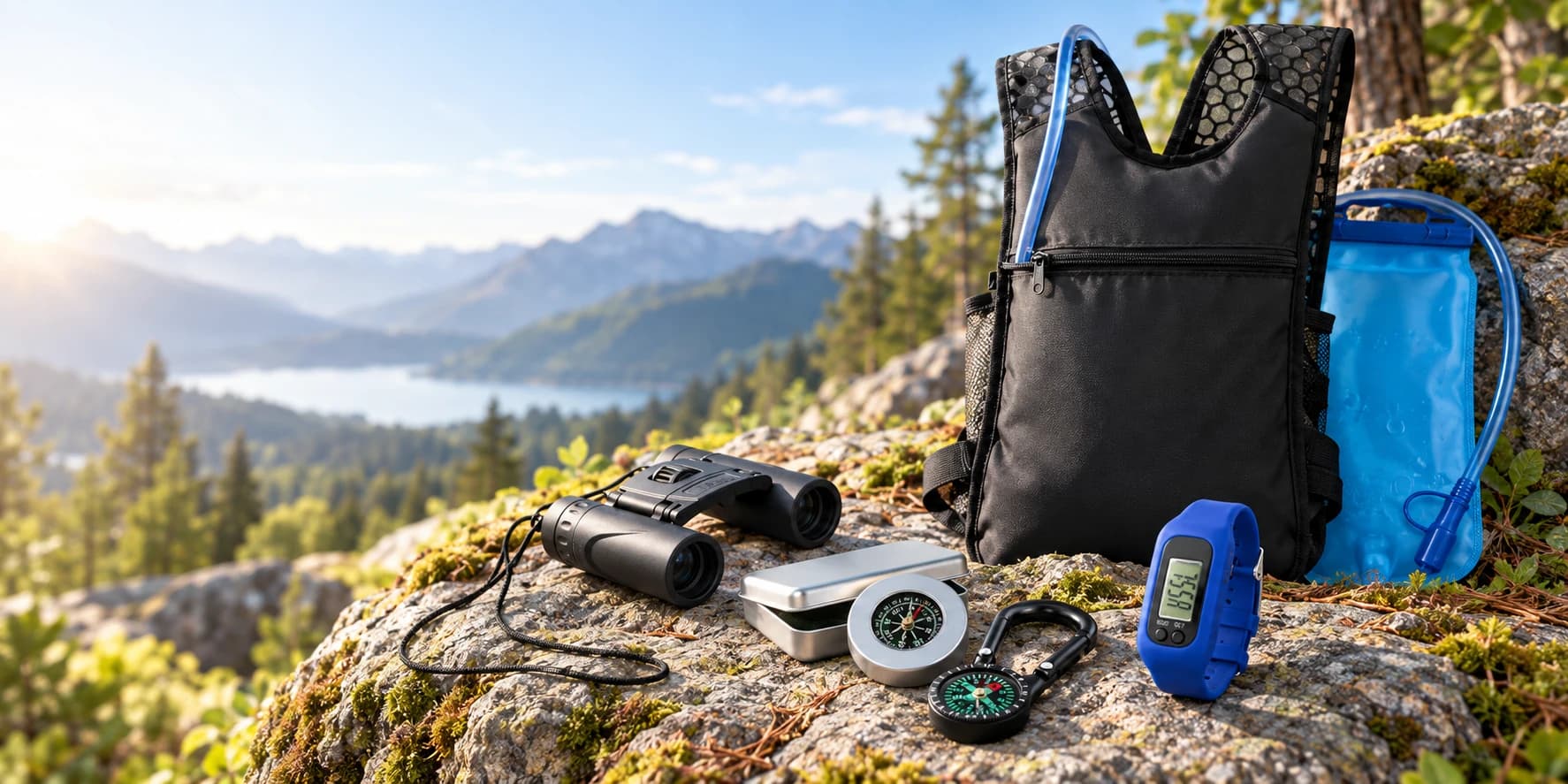 Accessoires de course et de randonnée publicitaires personnalisés avec sac d’hydratation, jumelles, boussoles et podomètre