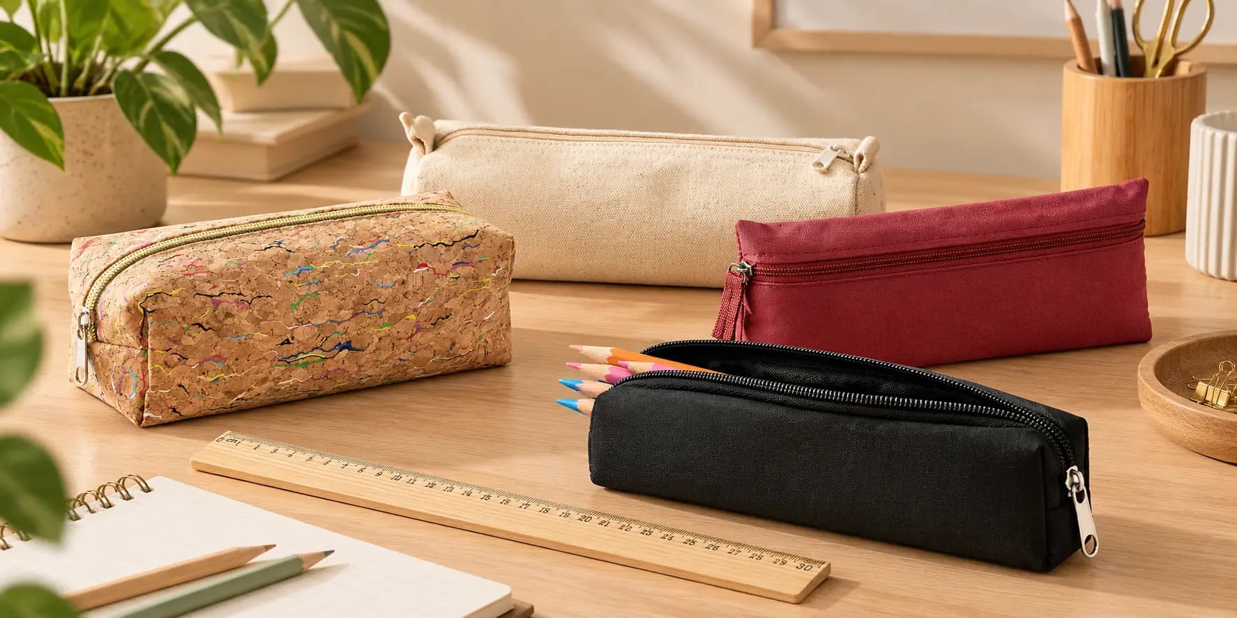 Accessoires et étuis publicitaires personnalisés avec trousses en liège, tissu et règle en bambou