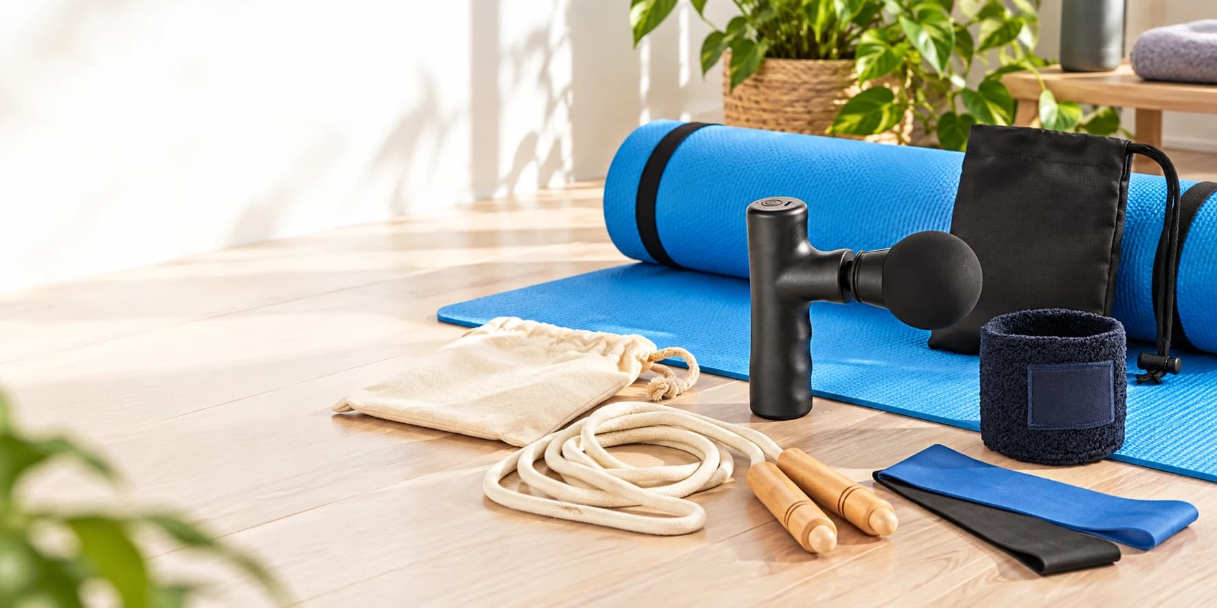 Accessoires de fitness et de yoga publicitaires personnalisés avec tapis, corde à sauter, bandes élastiques et pistolet de massage