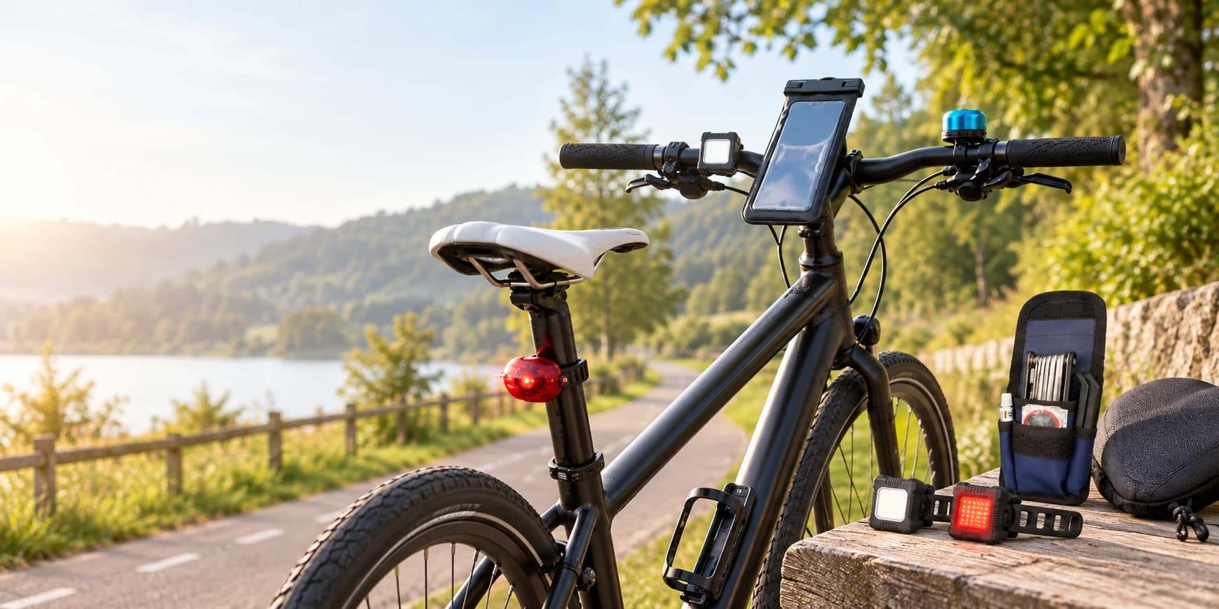 Accessoires pour vélos publicitaires personnalisés avec éclairages, support smartphone, sonnette et kit de réparation