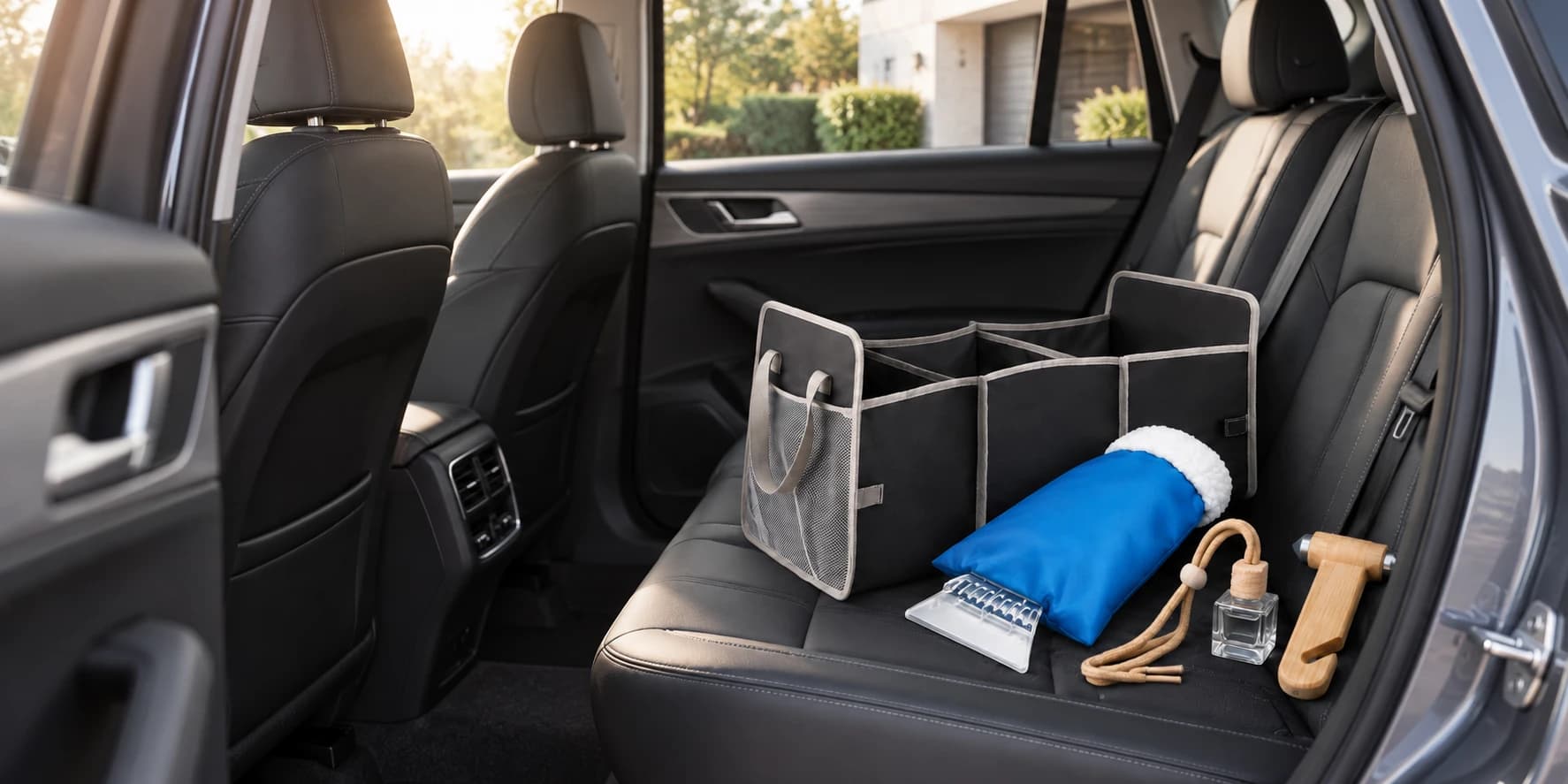 Accessoires de voiture publicitaires personnalisés : organisateur de coffre, pare-soleil, grattoir à glace et marteau de sécurité