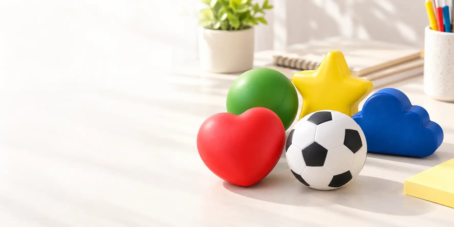 Objets anti-stress publicitaires personnalisés Midocean en forme de balle, cœur, étoile, nuage et ballon