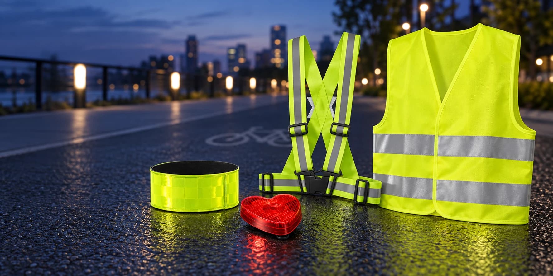 Articles réfléchissants publicitaires personnalisés avec brassard, harnais, gilet haute visibilité et lumière vélo