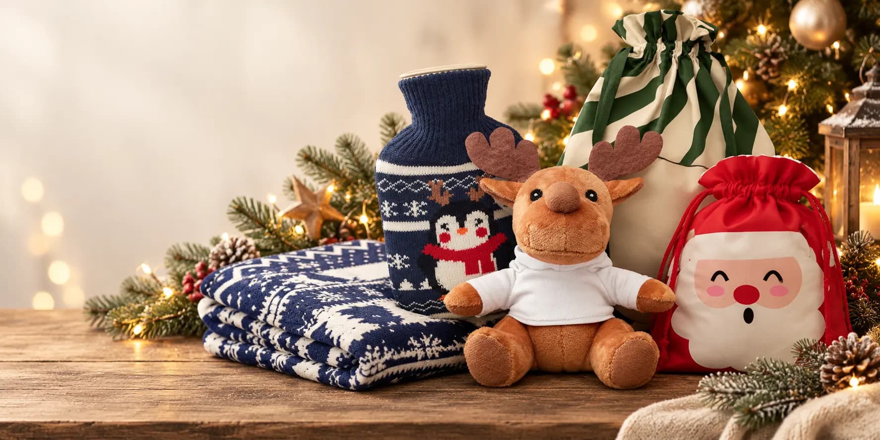 Cadeaux de Noël publicitaires personnalisés : peluche renne, bouillotte, plaid et sacs cadeaux