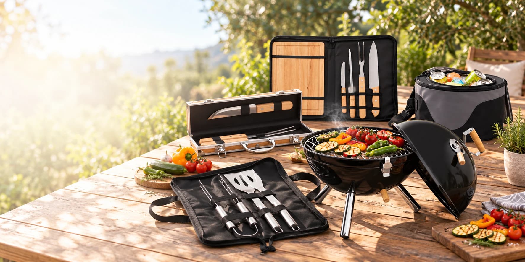 Barbecue publicitaire personnalisé avec grill portable et coffrets d’ustensiles de cuisson