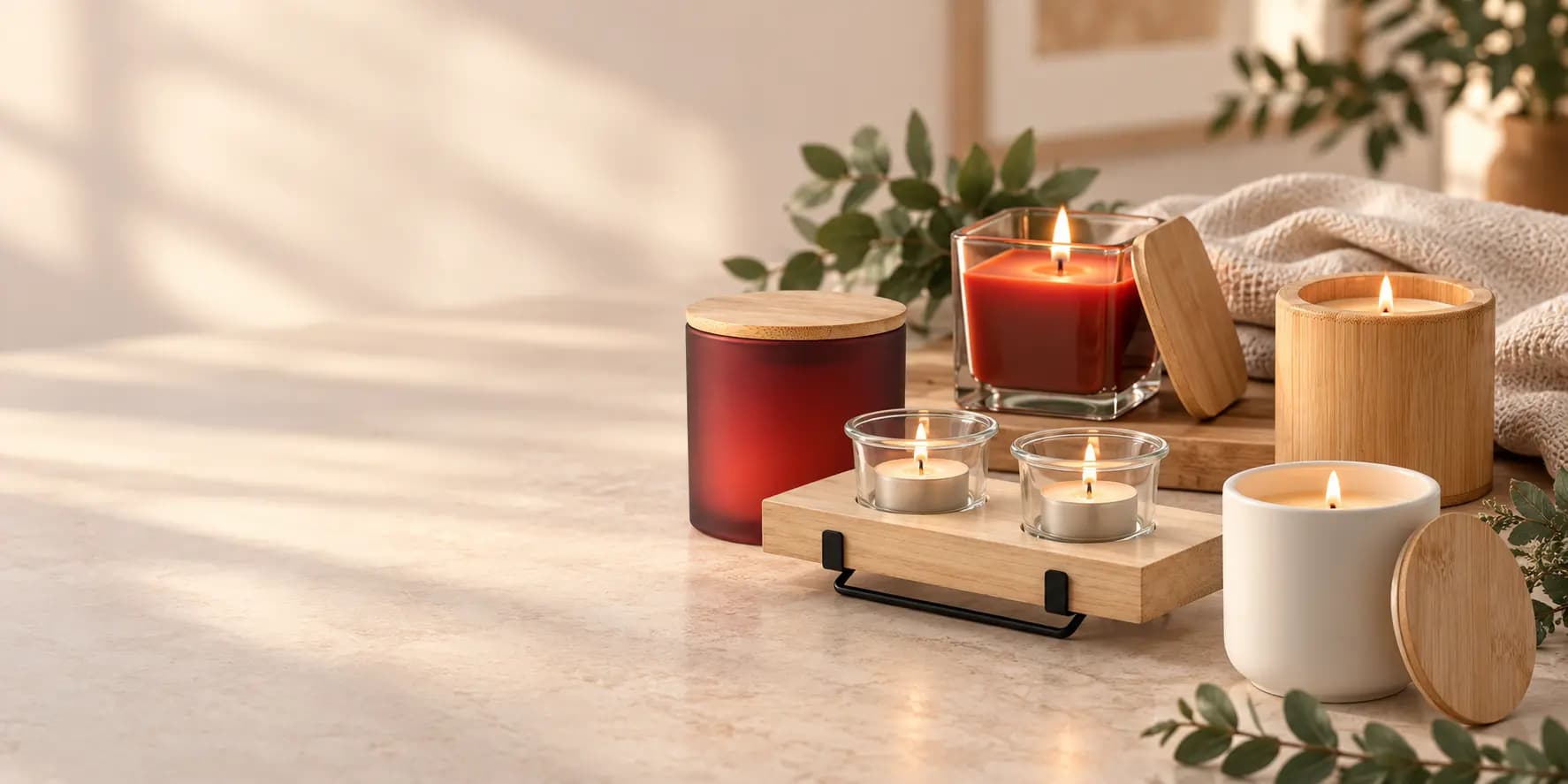 Bougies publicitaires personnalisées Midocean en verre, bambou et bois pour décoration et bien-être