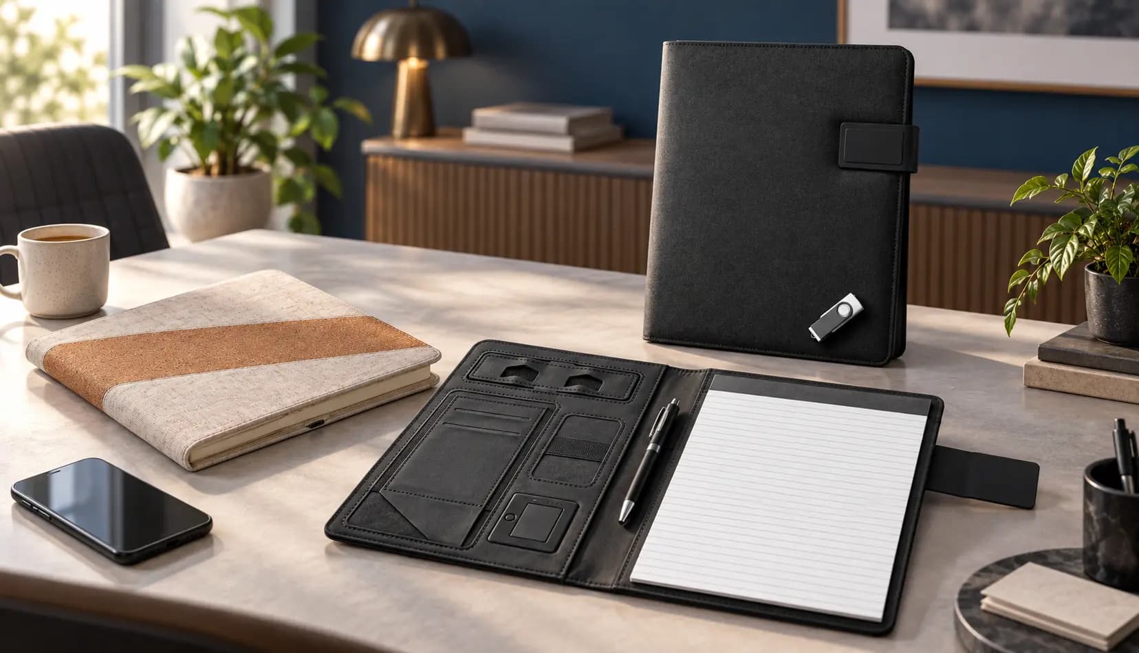 Conférenciers intelligents publicitaires personnalisés avec carnet, stylo, clé USB et accessoires technologiques