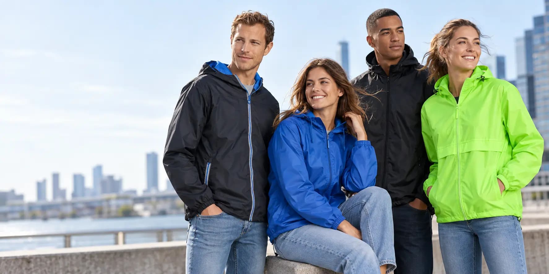 Coupe-vent publicitaires Midocean pour hommes et femmes en noir, bleu et vert