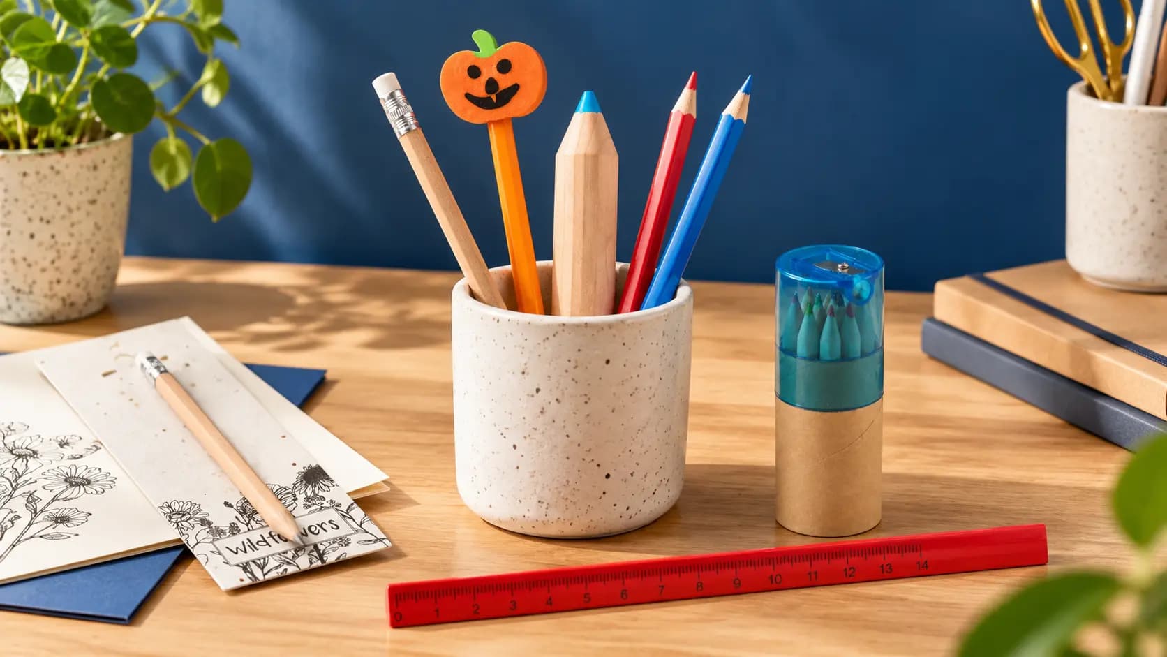 Crayons publicitaires personnalisés en bois avec taille-crayons, règle et accessoires d’écriture