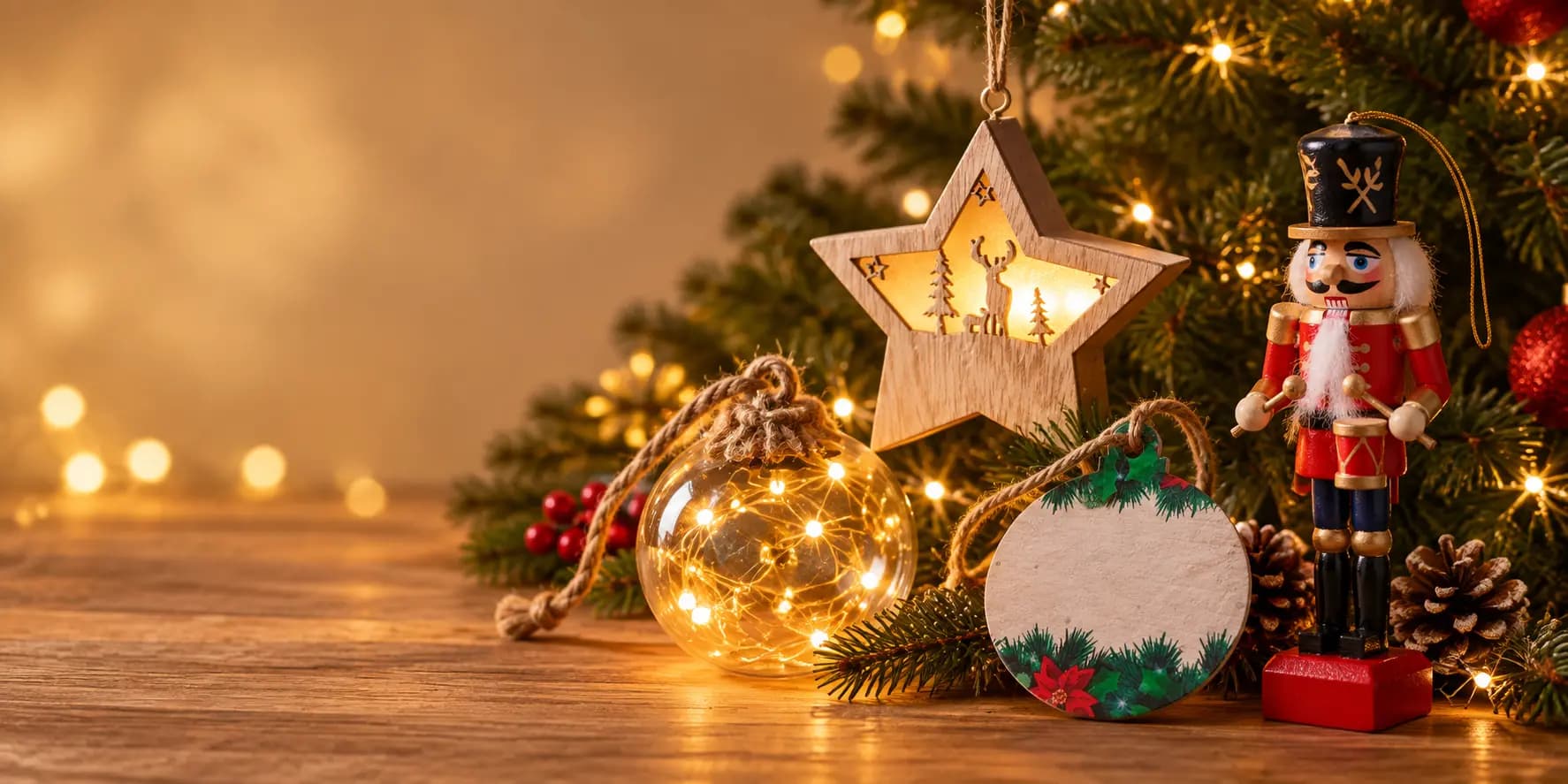 Décorations de Noël Midocean avec étoile lumineuse, boule LED, ornements en bois et casse-noisette