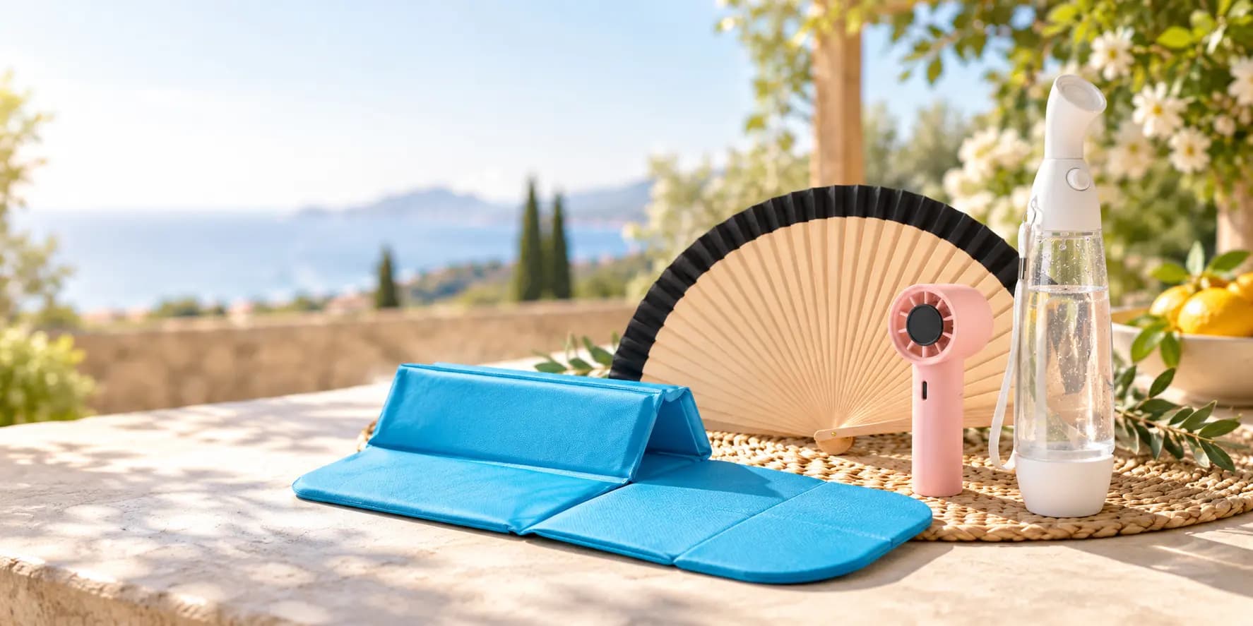 Produits publicitaires personnalisés pour évènement de plein air : éventail, natte, mini-ventilateur et gourde