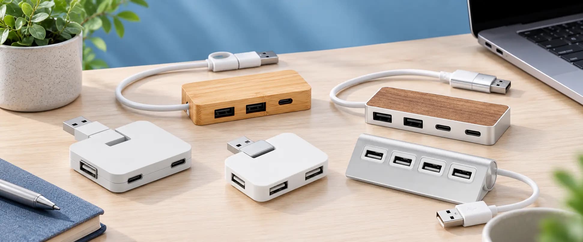Hubs USB publicitaires personnalisés en bambou et plastique