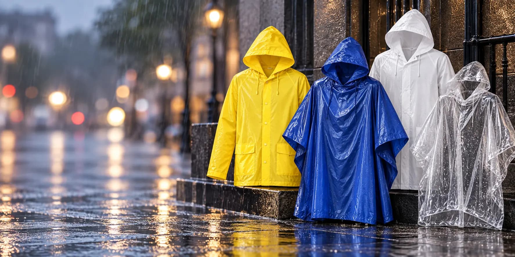 Imperméables publicitaires Midocean jaunes, bleus, blancs et transparents pour se protéger de la pluie