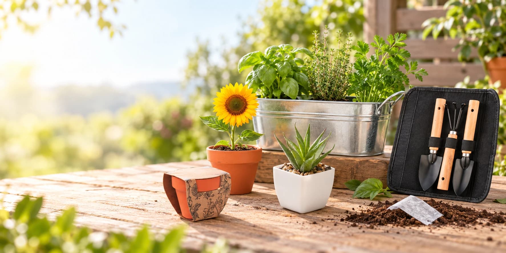 Articles de jardinage publicitaires personnalisés avec outils, jardinière d’herbes aromatiques et pots de fleurs