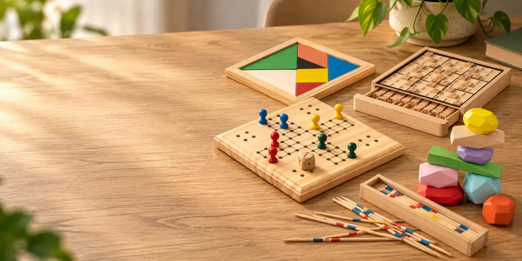 Jeux de bureau publicitaires personnalisés Midocean en bois avec plateau, tangram, sudoku et mikado