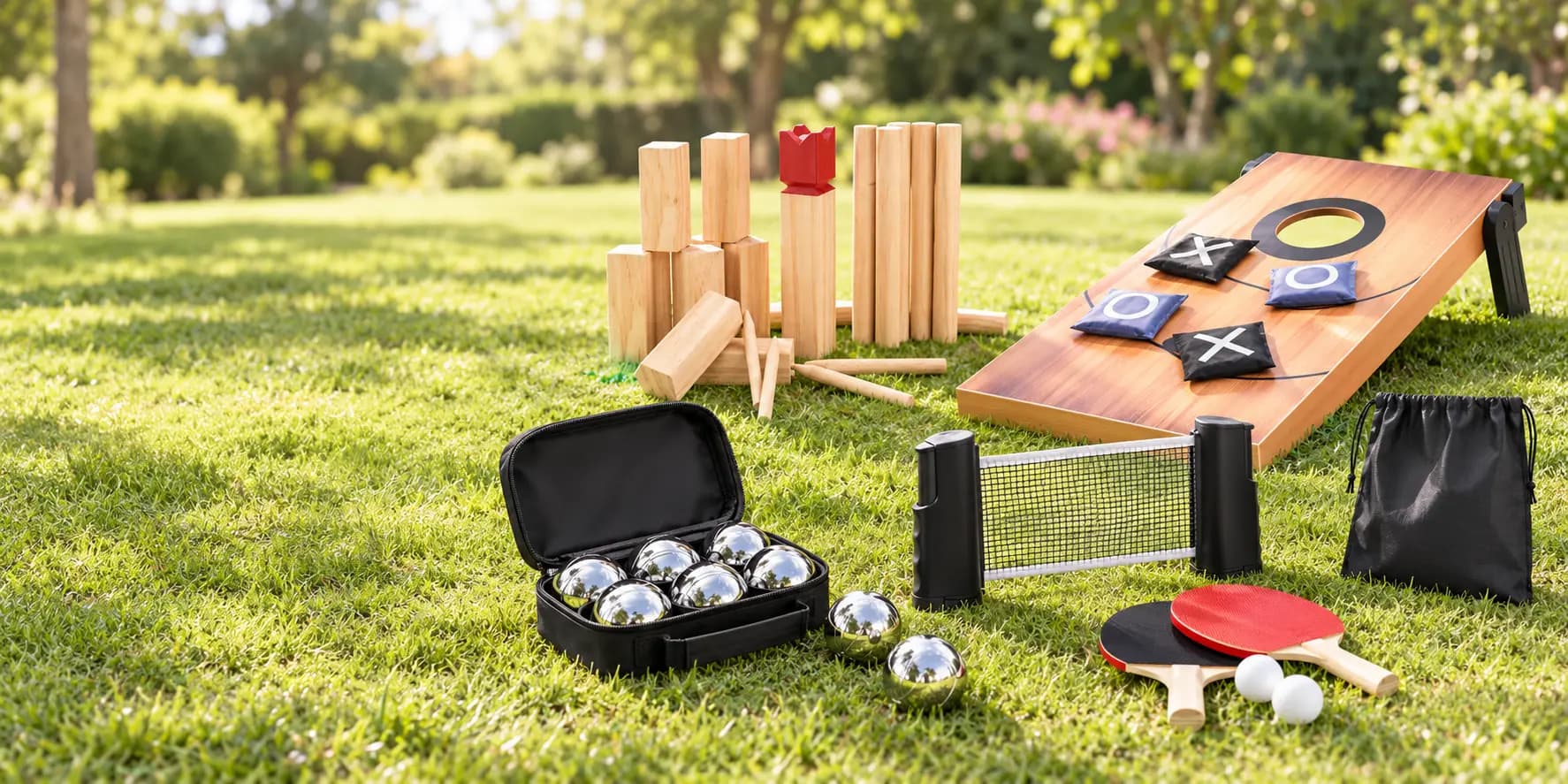 Jeux de plein air publicitaires personnalisés Midocean avec quilles en bois, tennis de table, cornhole et pétanque