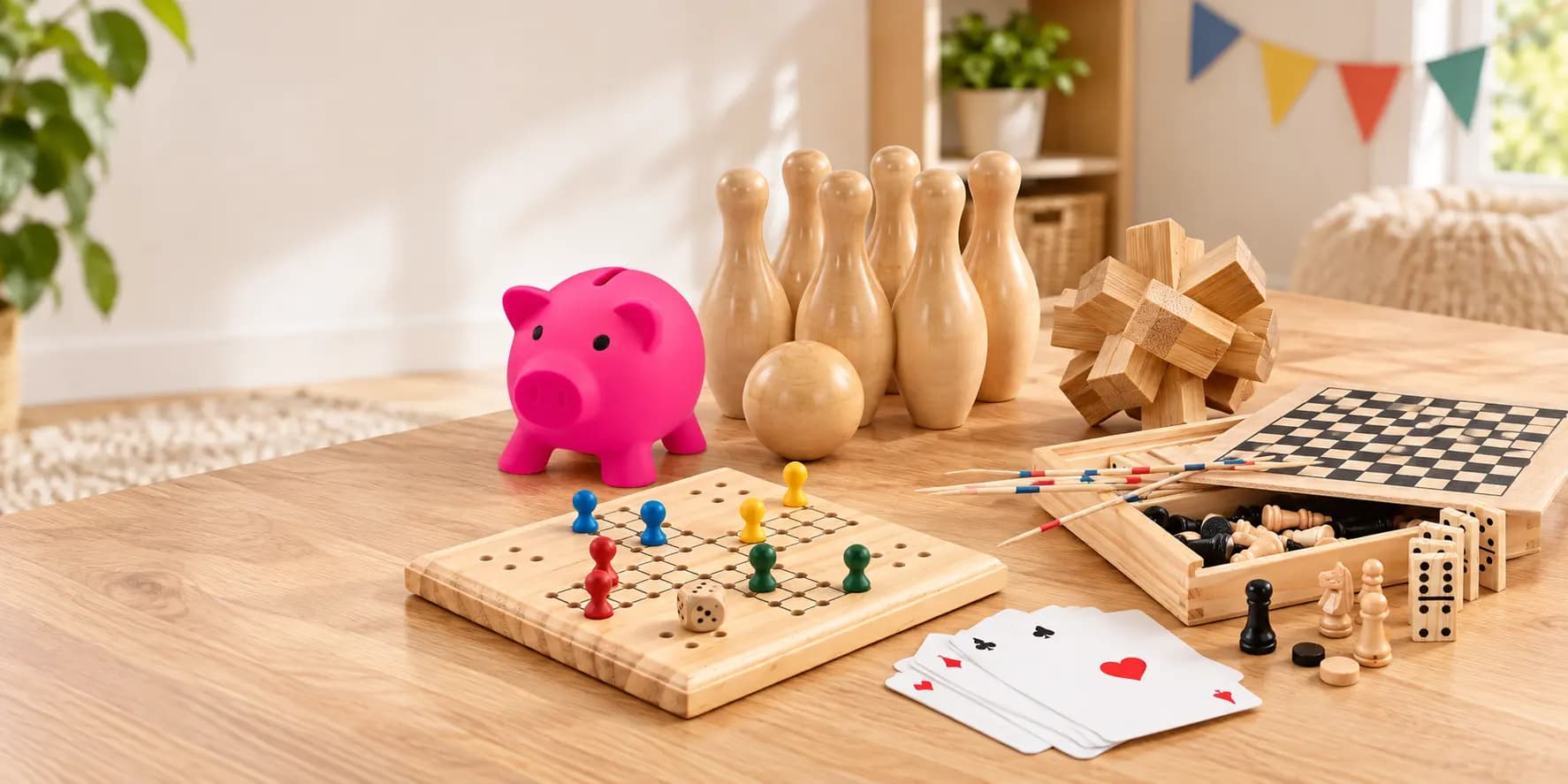 Jeux d’intérieur publicitaires personnalisés Midocean avec jeux en bois, cartes à jouer et balle anti-stress