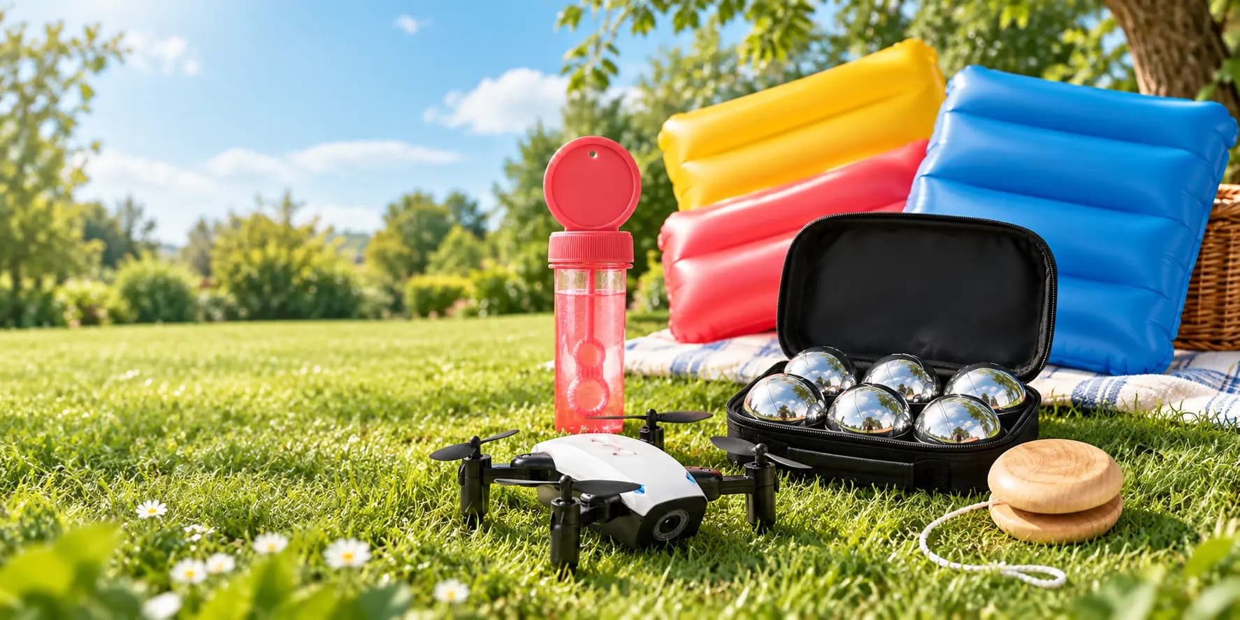 Jeux de plein air publicitaires Midocean avec pétanque, yo-yo, accessoires de loisirs et jeux extérieurs