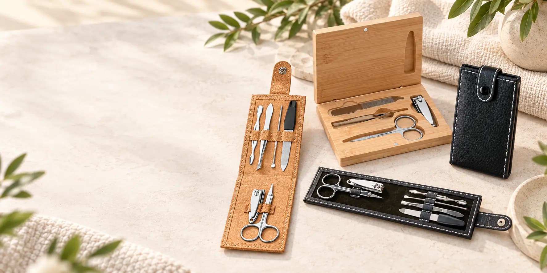 Kits pour ongles publicitaires Midocean avec accessoires de manucure en bambou, liège et simili cuir