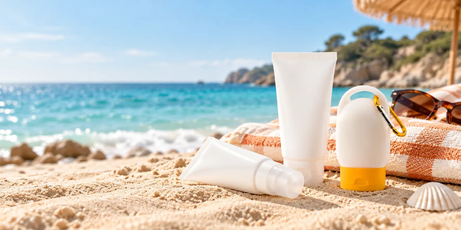 Lotion solaire publicitaire personnalisée Midocean en tube et flacon de voyage avec mousqueton