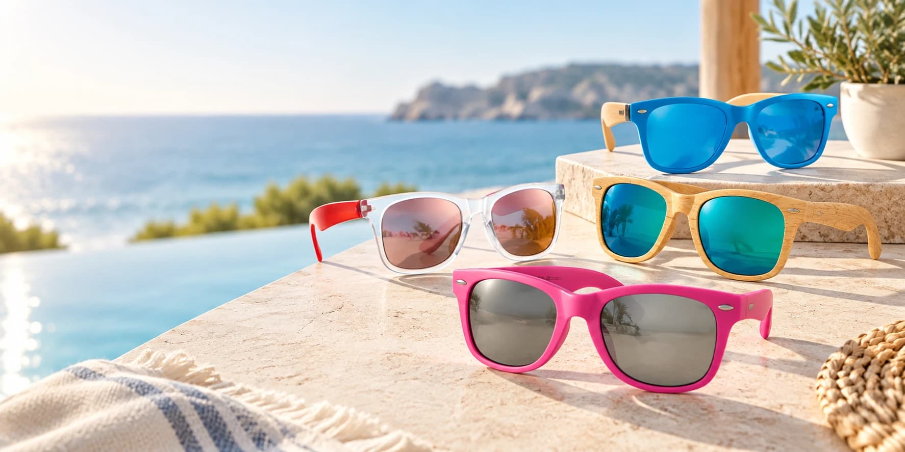 Lunettes de soleil publicitaires personnalisées aux couleurs variées dans une ambiance estivale