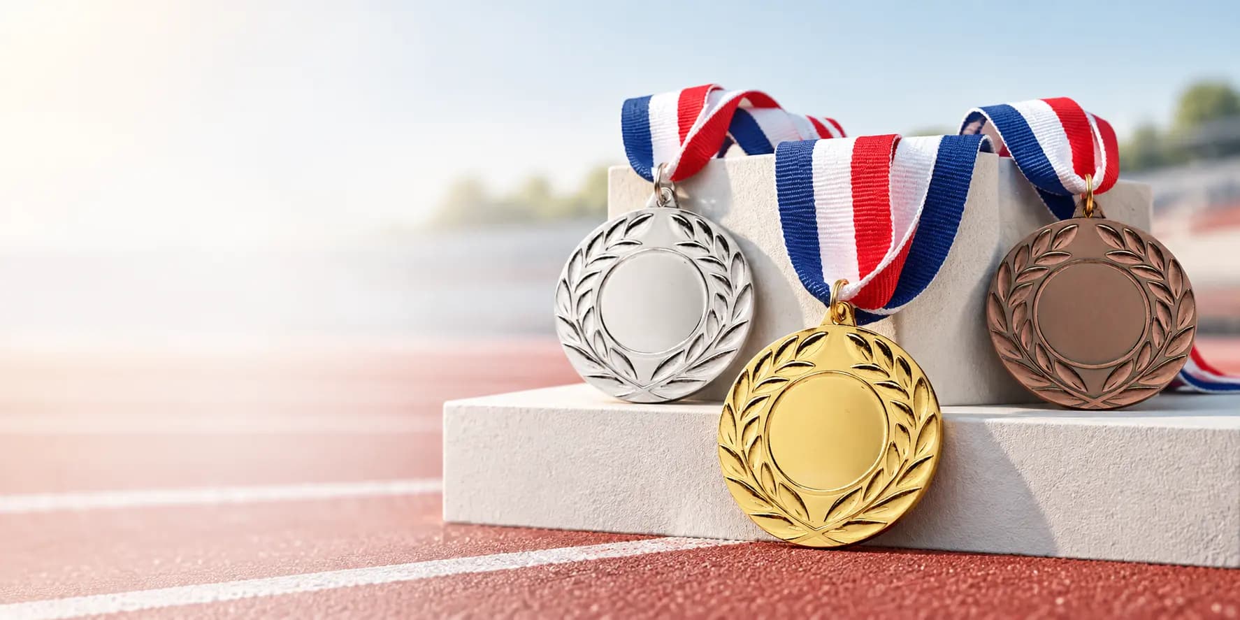 Médailles sportives personnalisables en or, argent et bronze avec rubans tricolores