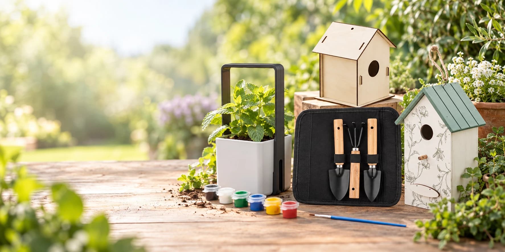 Outils de jardinage publicitaires personnalisés avec set de plantation, jardinière et nichoirs