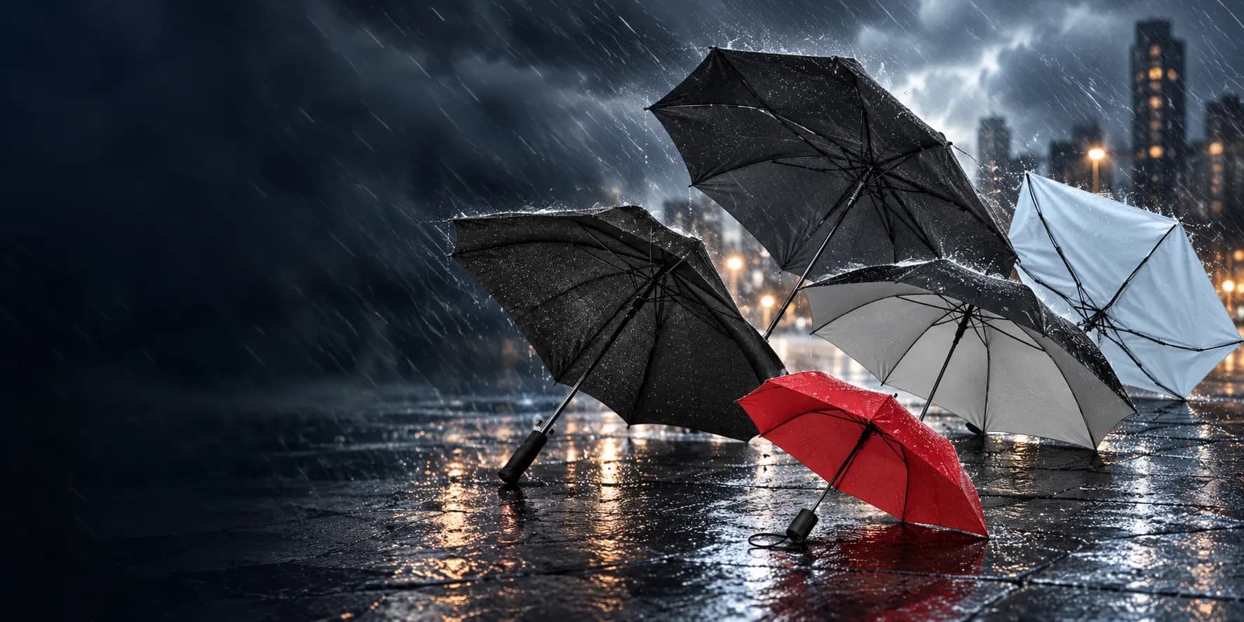 Parapluies coupe-vent Tempête Midocean résistants aux intempéries, noirs, gris et rouges
