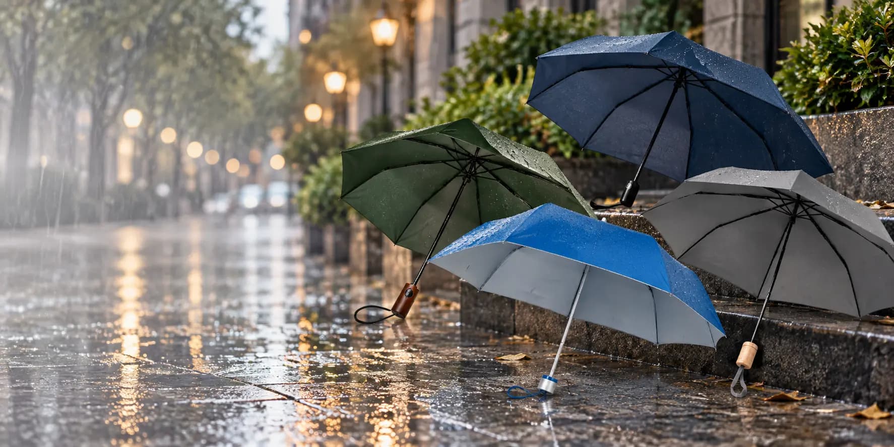 Parapluies pliables publicitaires personnalisés Midocean en bleu, vert, gris et marine