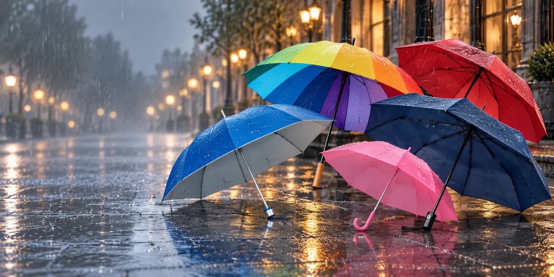 Parapluies publicitaires Midocean bleus, rouges, roses, bleu marine et multicolores sous la pluie