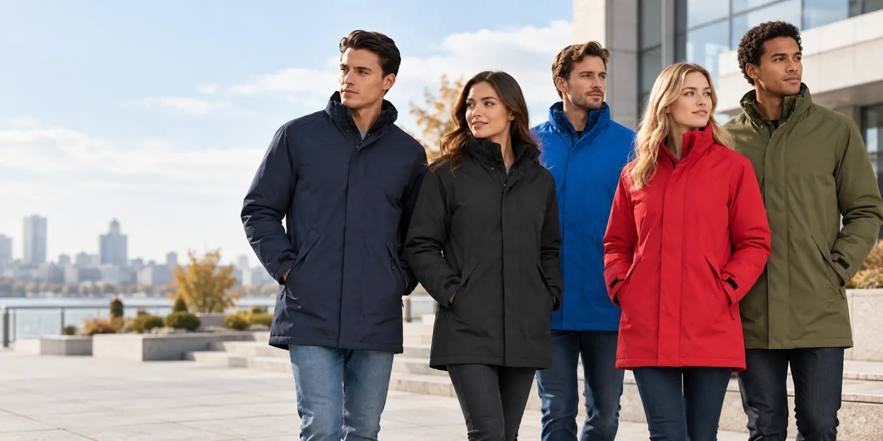 Parkas publicitaires Midocean pour hommes et femmes en noir, bleu, rouge et kaki