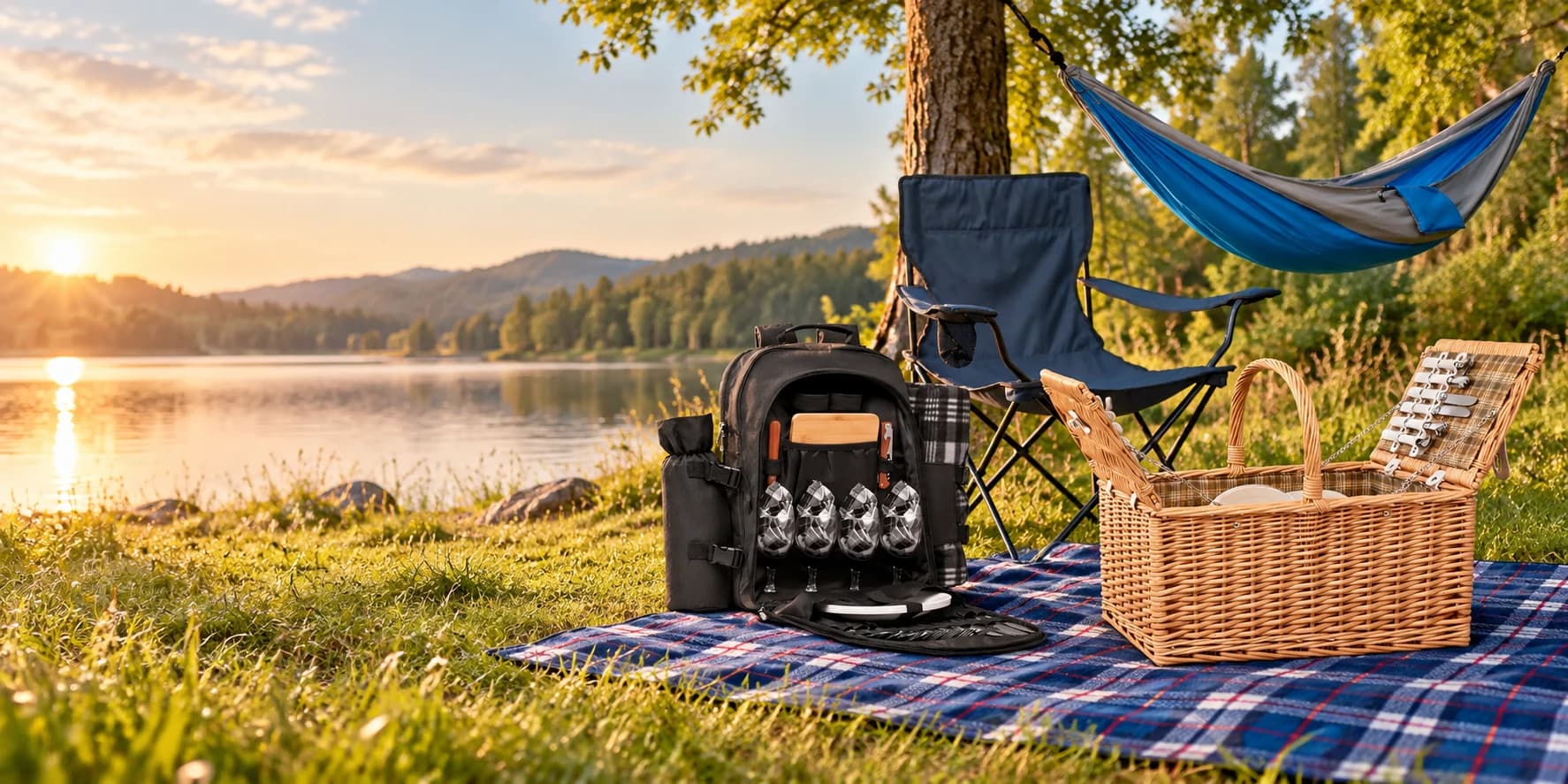 Accessoires de pique-nique et camping publicitaires personnalisés avec fauteuil pliant, panier et sac pique-nique