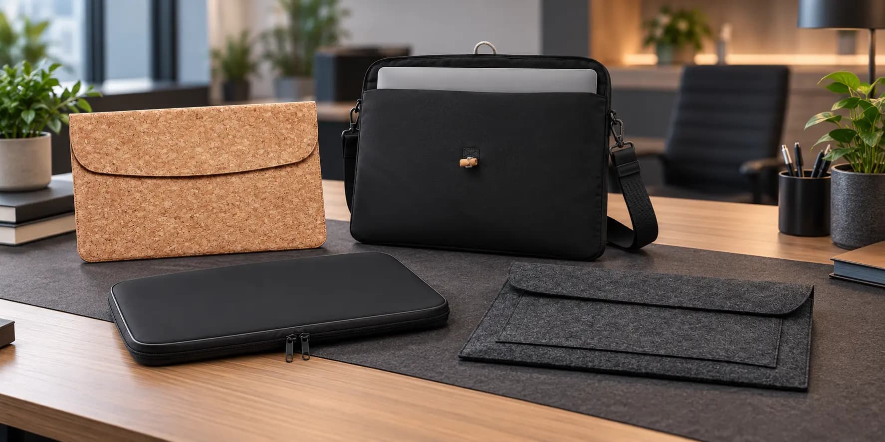 Pochettes publicitaires personnalisées pour ordinateurs portables en liège, feutre et textile