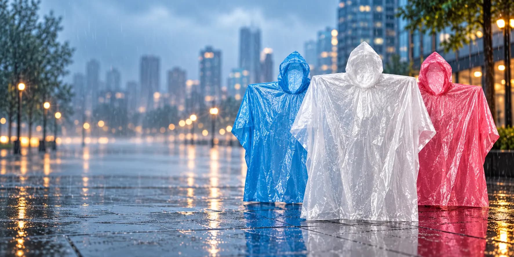 Ponchos publicitaires Midocean bleus, roses et transparents pour se protéger de la pluie