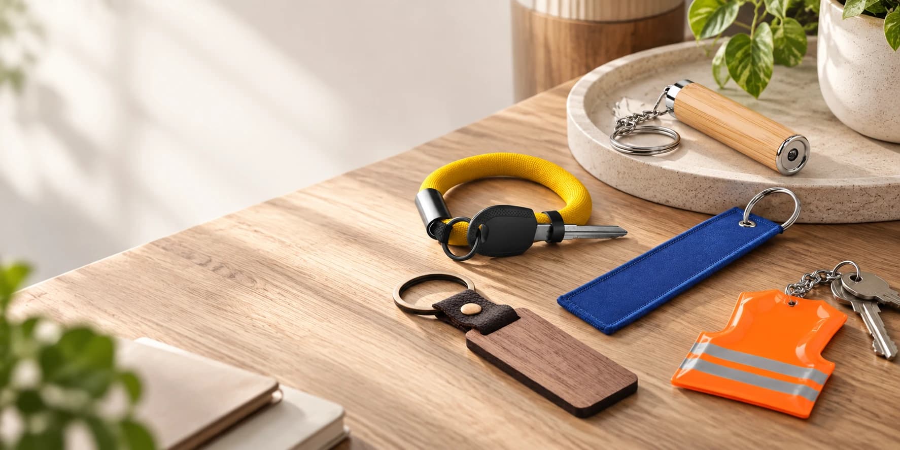 Porte-clés publicitaires personnalisés en bois, textile, métal et matière réfléchissante