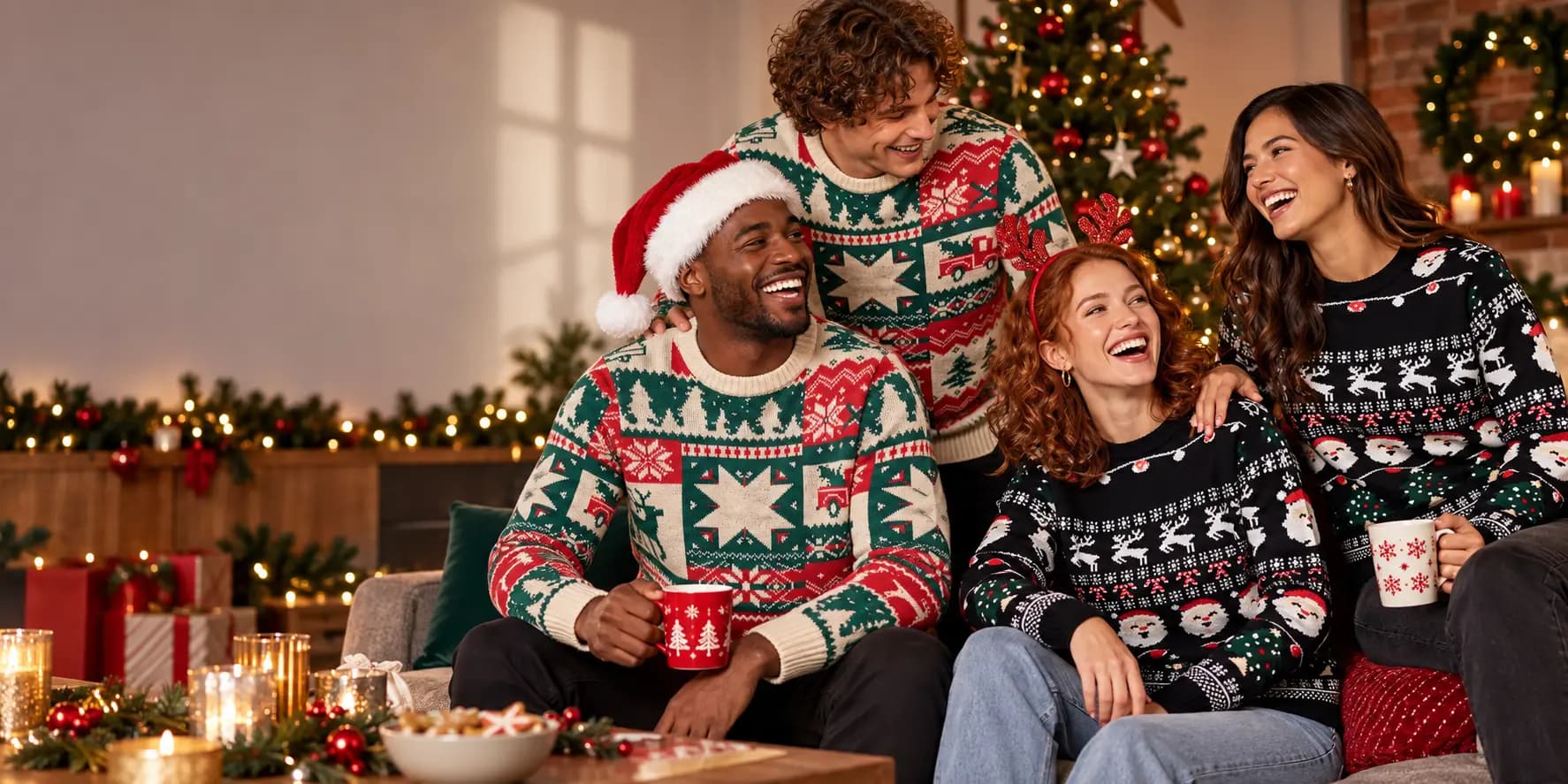 Pulls de Noël publicitaires Midocean aux motifs de rennes, sapins et flocons