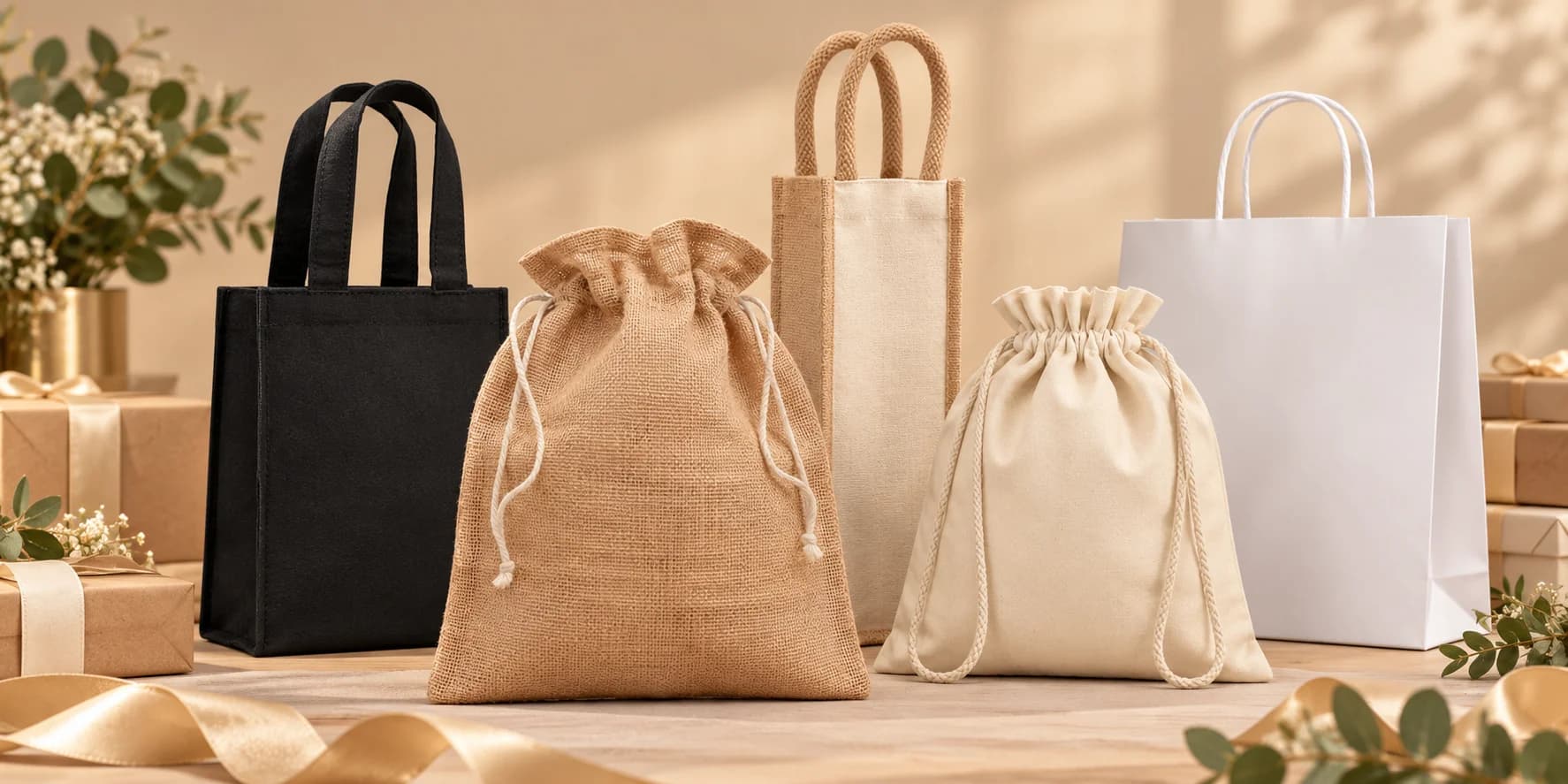 Sacs cadeaux publicitaires personnalisés en jute, coton, papier et matières recyclées