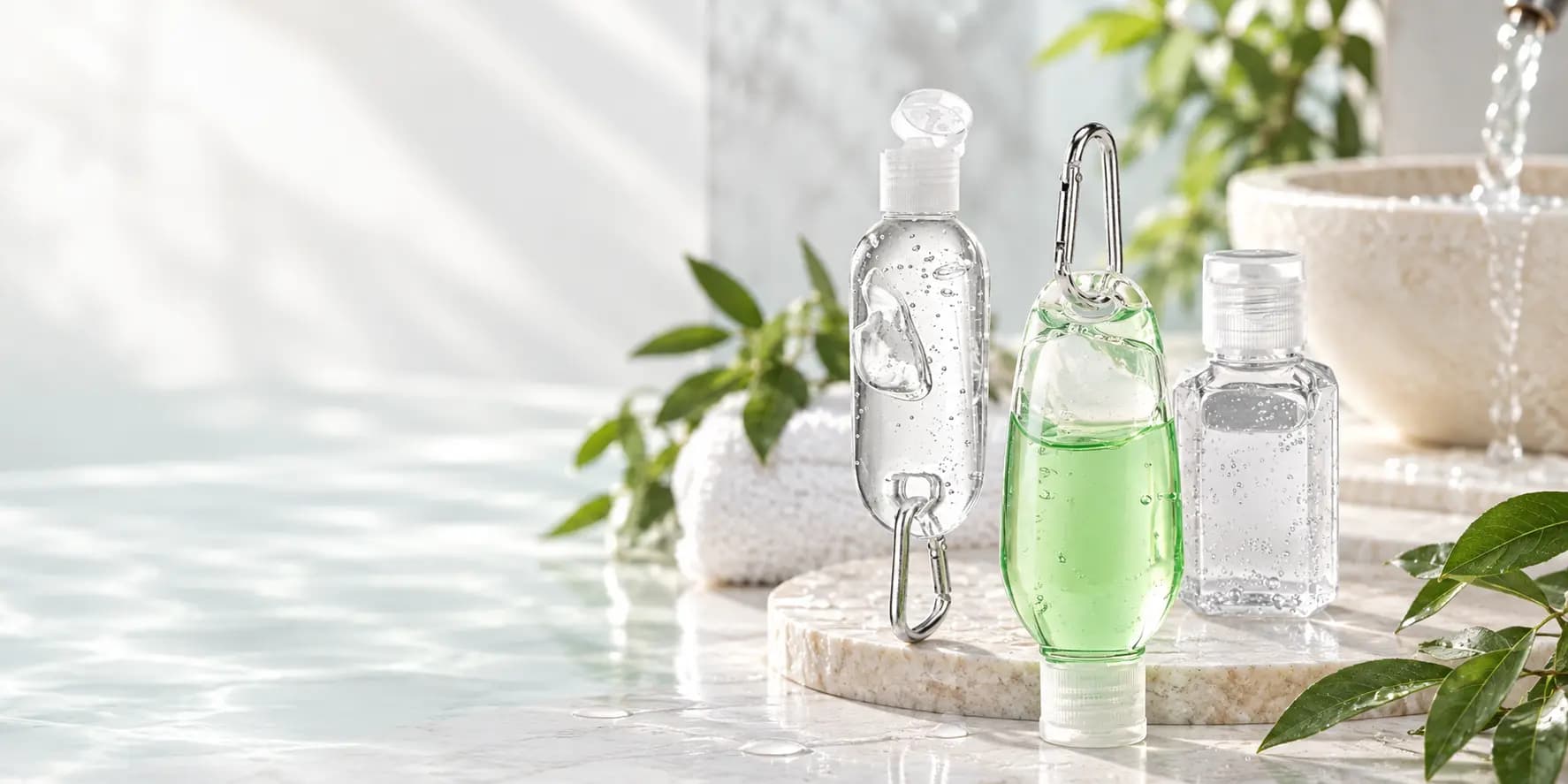 Savons et gels publicitaires Midocean en flacons transparents et distributeurs nomades