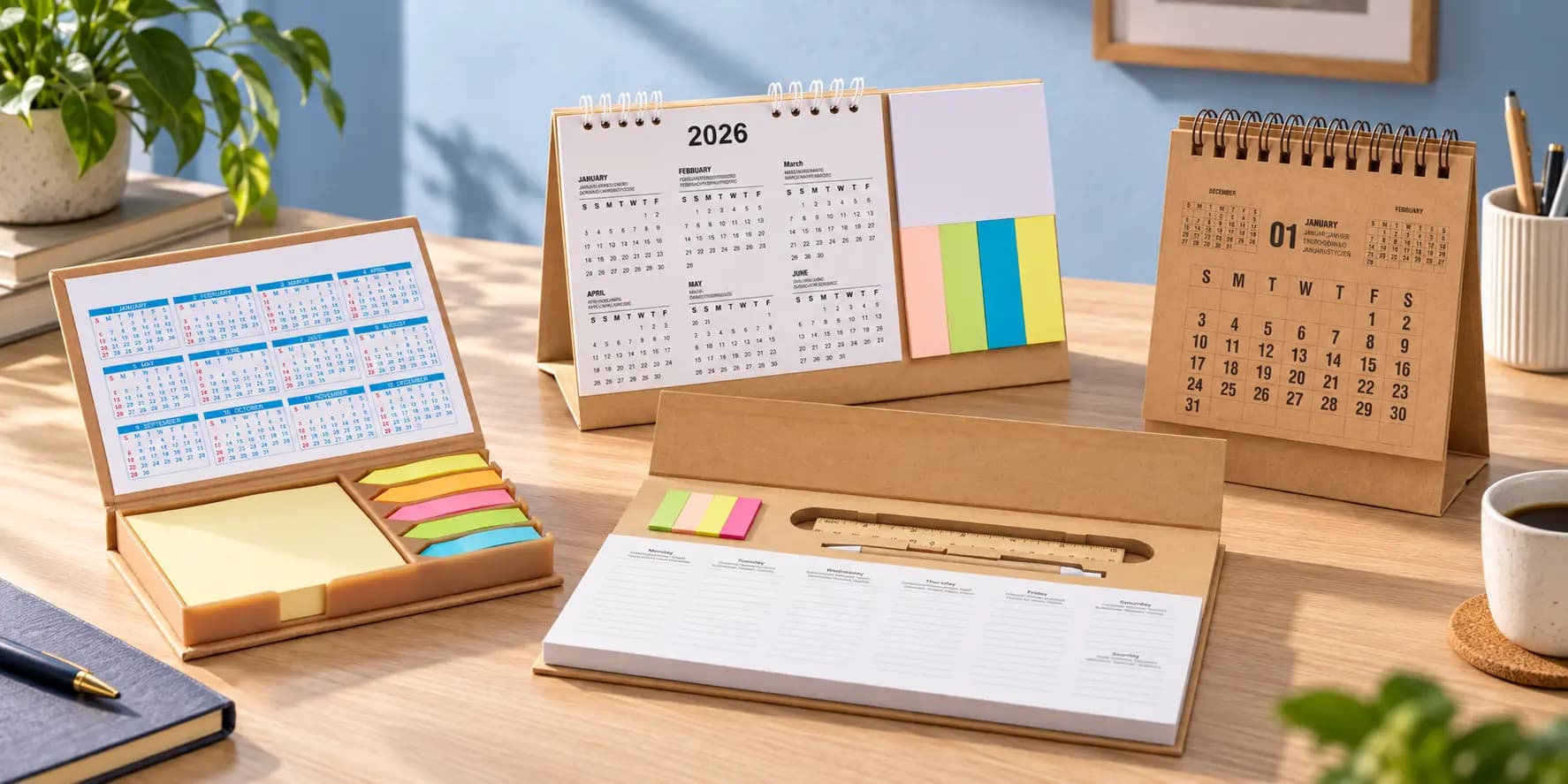 Sous-mains et calendriers publicitaires personnalisés en carton recyclé, bambou et papier