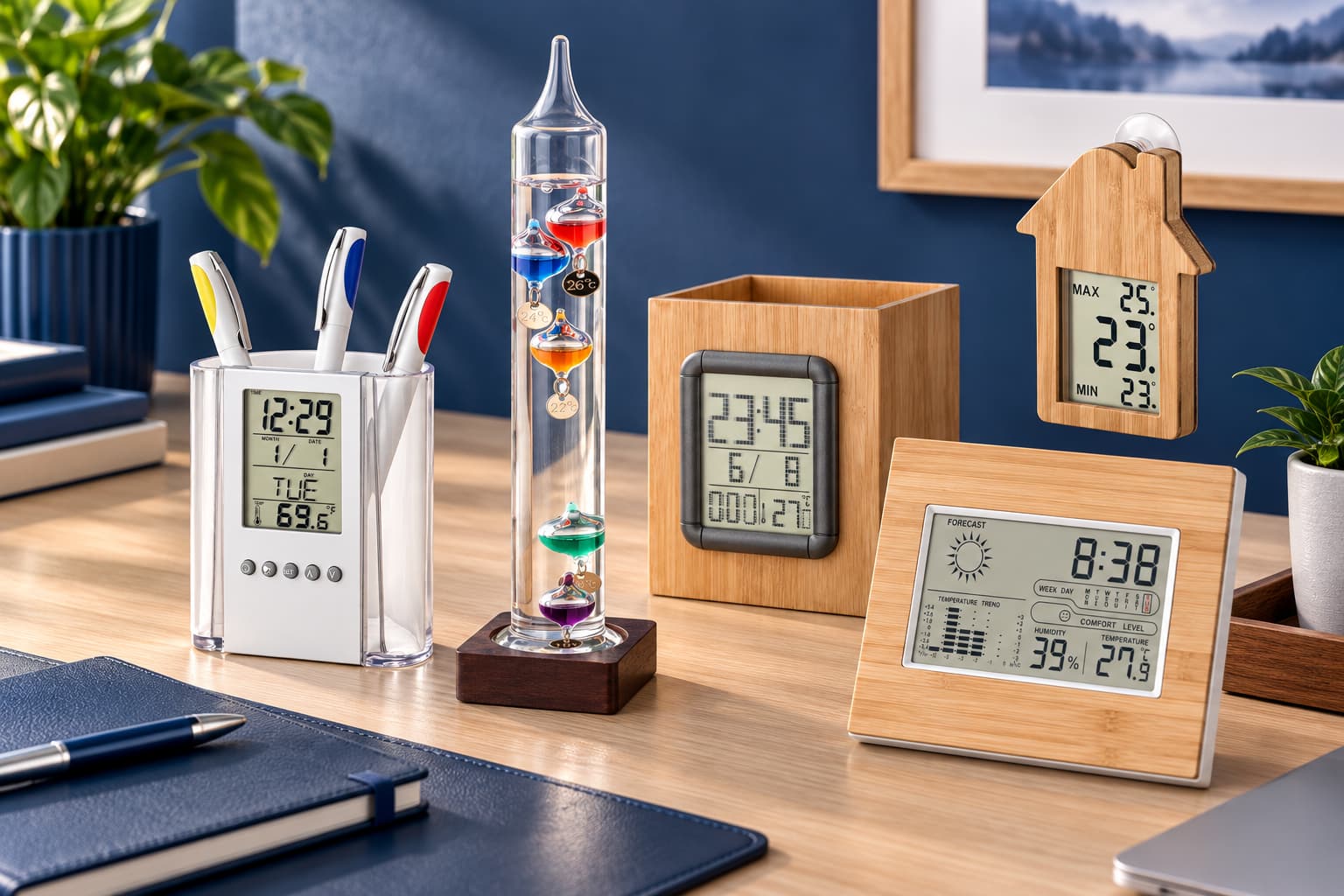 Stations météo digitales publicitaires en bambou et verre avec thermomètre d’ambiance