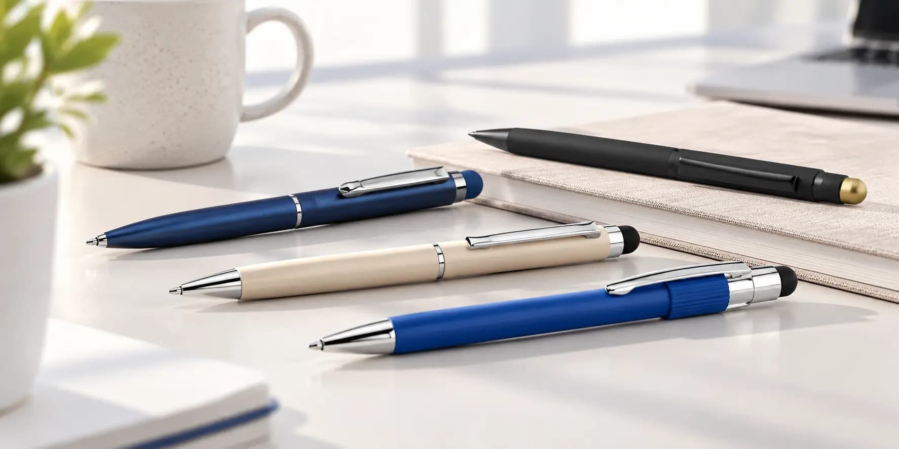 Stylos publicitaires personnalisés bleu, noir et beige présentés sur un bureau