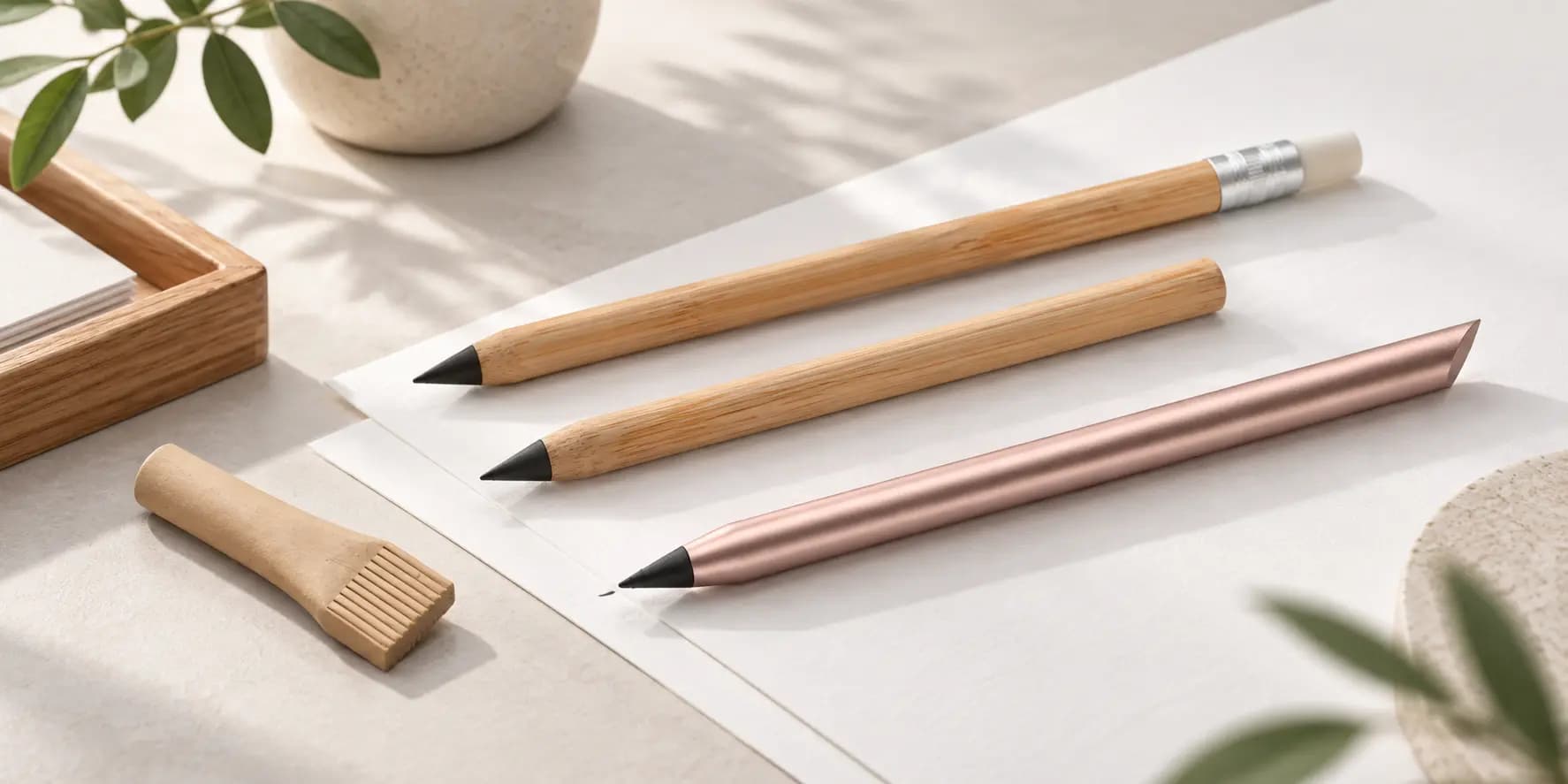 Stylos sans encre réutilisables en bois et métal présentés sur un bureau