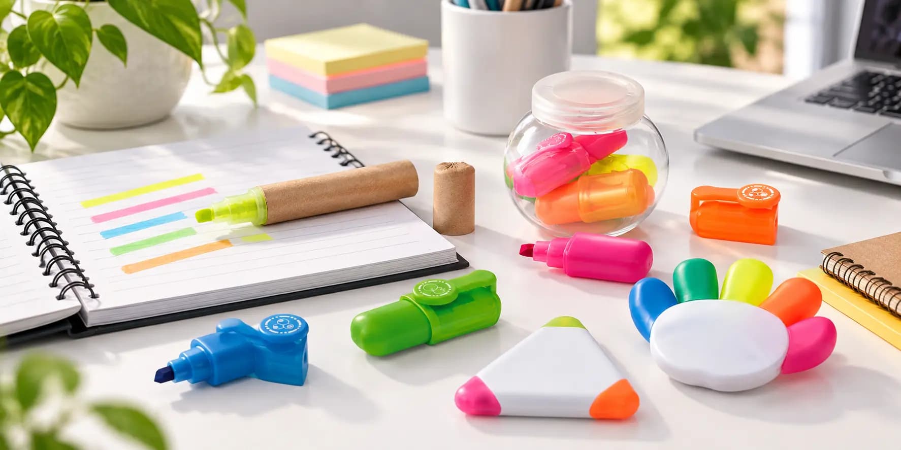 Surligneurs publicitaires personnalisés colorés présentés sur un bureau