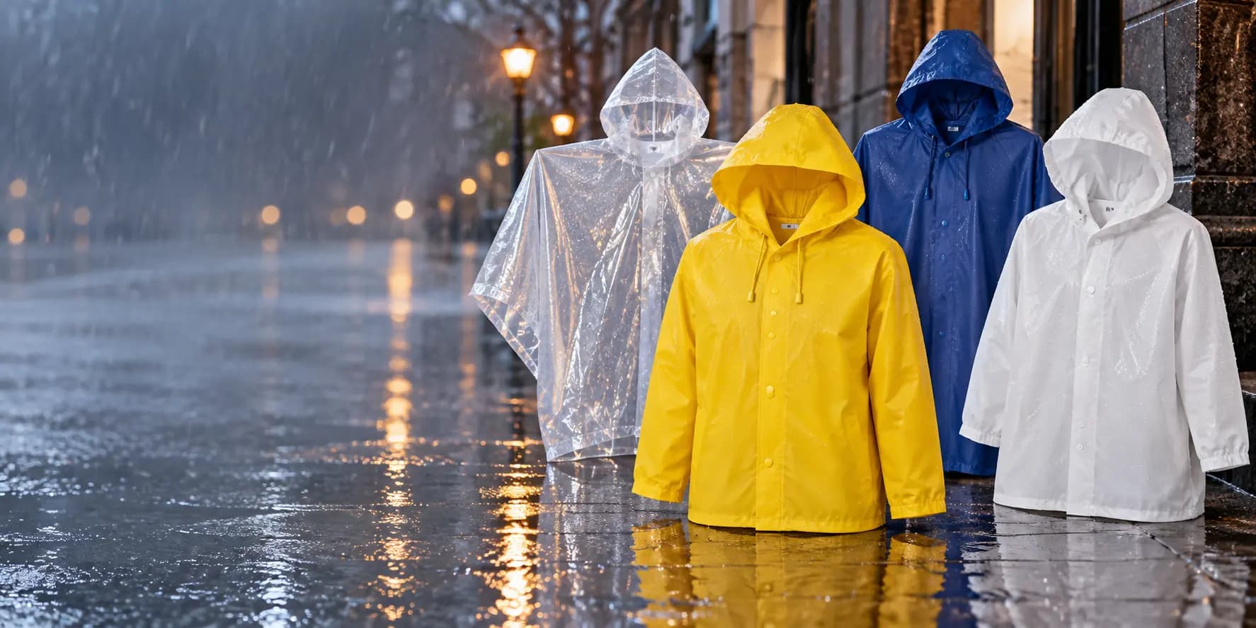 Vêtements de pluie publicitaires Midocean : imperméables et ponchos jaunes, bleus, blancs et transparents